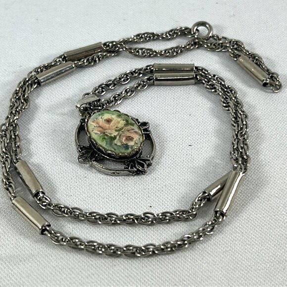 Vtg Yellow Rose Oval Pendant Cameo Style Necklace Silver Tone Ornate Cottagecore - Picture 11 of 11